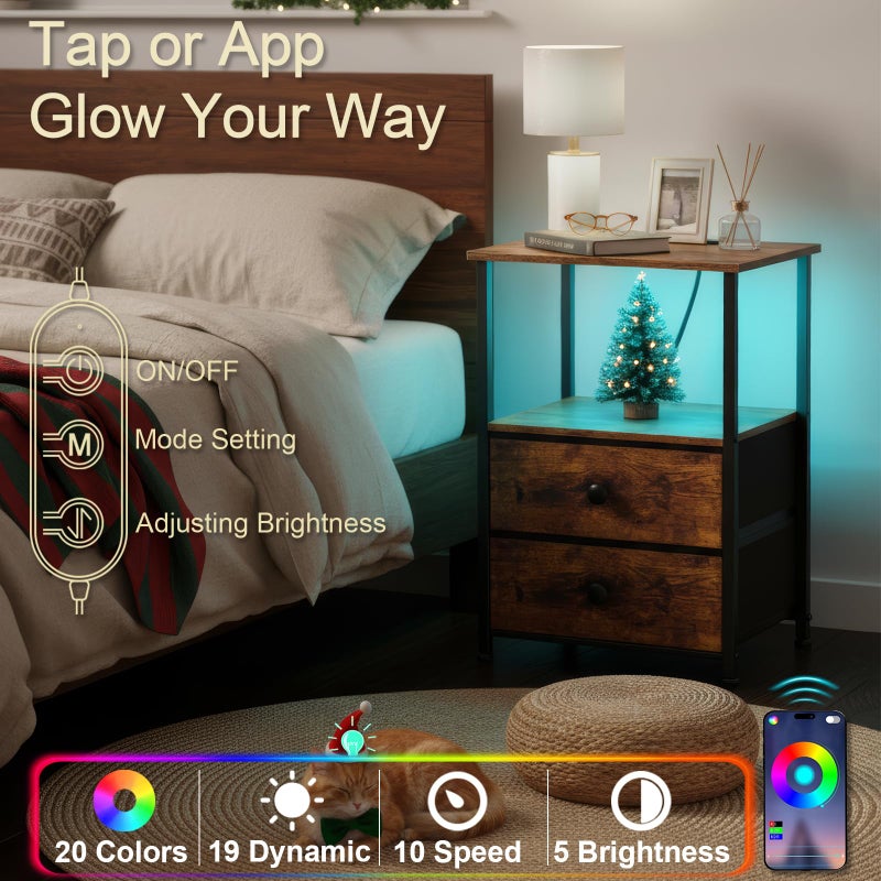 LOAKEKEL Night Stand Set 2, LED Nightstand with Charging Station, End Tables with Storage Shelf, Bedside Table with 2 Fabric Drawers for Bedroom, Small Spaces, Rustic Brown HETS02PBR - Image 4