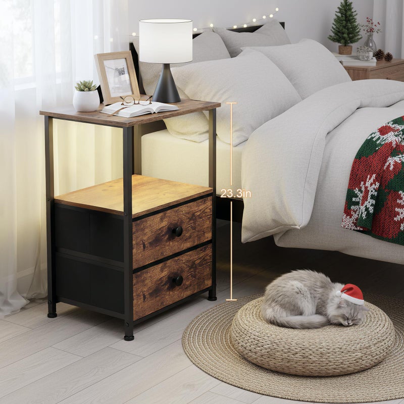 LOAKEKEL Night Stand Set 2, LED Nightstand with Charging Station, End Tables with Storage Shelf, Bedside Table with 2 Fabric Drawers for Bedroom, Small Spaces, Rustic Brown HETS02PBR - Image 2