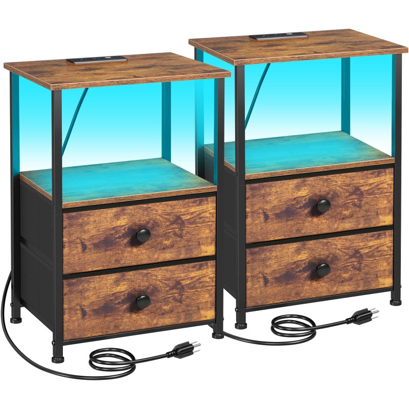 LOAKEKEL Night Stand Set 2, LED Nightstand with Charging Station, End Tables with Storage Shelf, Bedside Table with 2 Fabric Drawers for Bedroom, Small Spaces, Rustic Brown HETS02PBR - Image 1