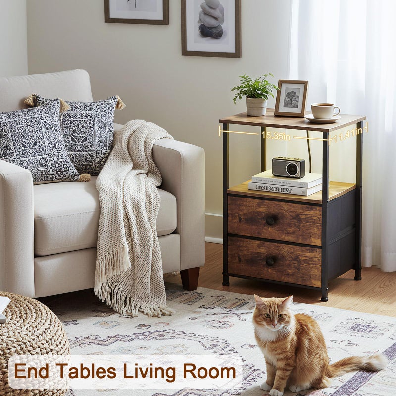 LOAKEKEL Night Stand Set 2, LED Nightstand with Charging Station, End Tables with Storage Shelf, Bedside Table with 2 Fabric Drawers for Bedroom, Small Spaces, Rustic Brown HETS02PBR - Image 5