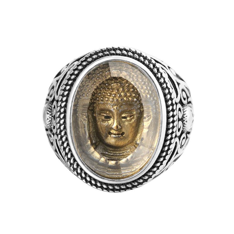 PAMTIER Men's Stainless Steel Vintage Chinese Style Buddha Sakyamuni Head Engraved Ring Two Colors (Silvery, 8) - Image 1