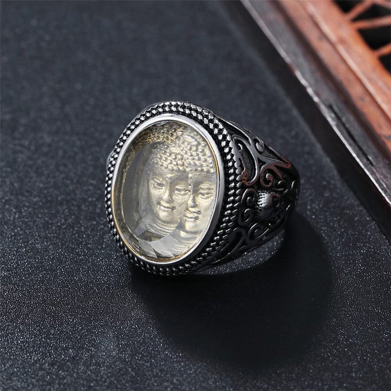 PAMTIER Men's Stainless Steel Vintage Chinese Style Buddha Sakyamuni Head Engraved Ring Two Colors (Silvery, 8) - Image 2