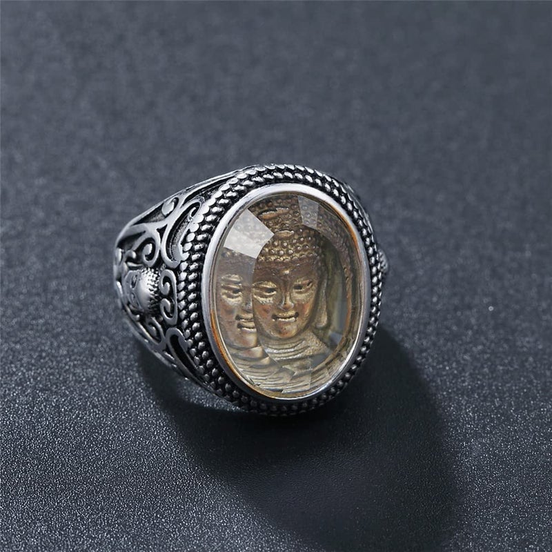 PAMTIER Men's Stainless Steel Vintage Chinese Style Buddha Sakyamuni Head Engraved Ring Two Colors (Silvery, 8) - Image 3