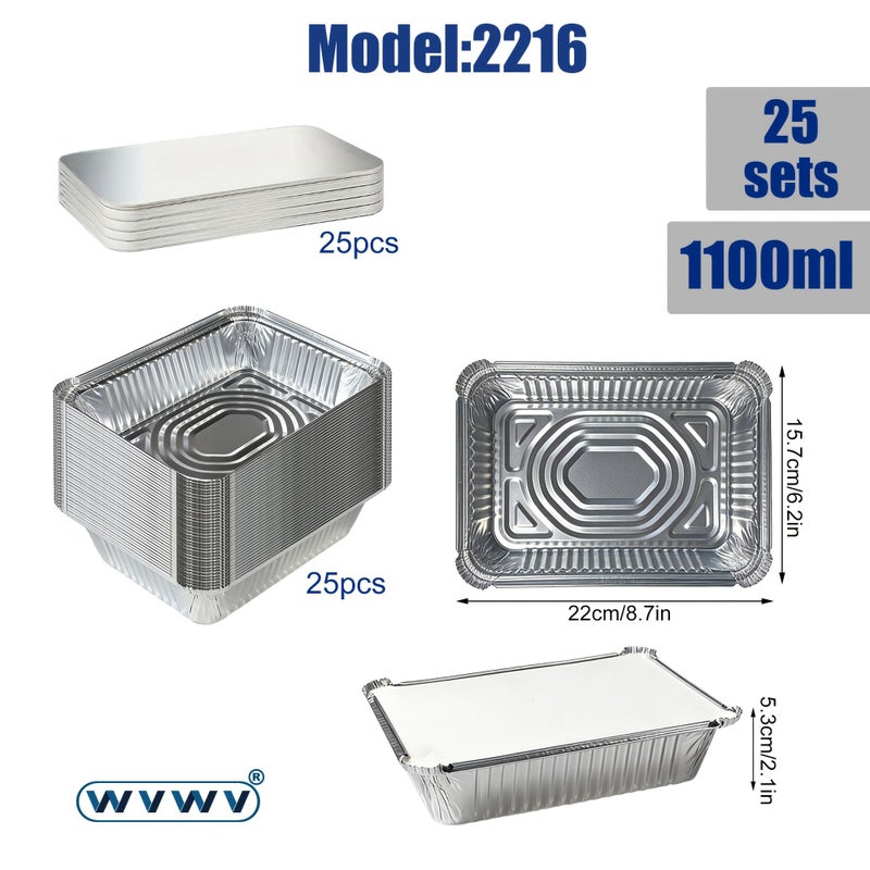 25pcs 1100ml Heavy-Duty Aluminum Foil Baking Pans with Lids for Baking Cakes Heating Meal Prep Leftover Storage Durable Stackable Ideal for Catering Picnics Holiday Parties - Image 1