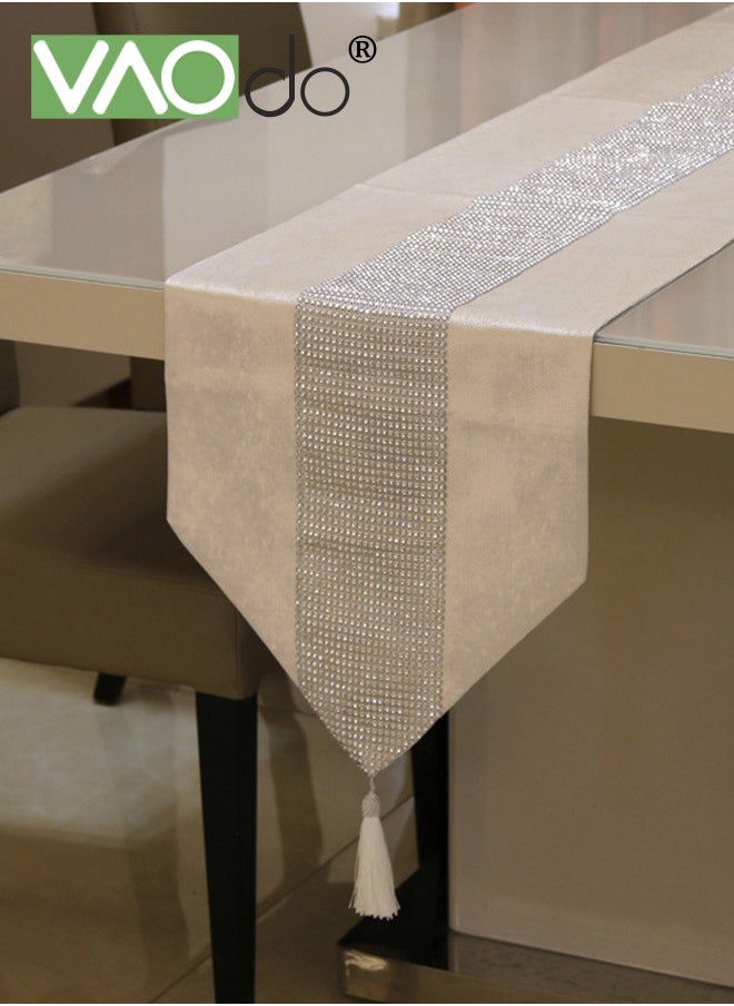 VAOdo Table Runner with Diamante Strip and Tassels Beige, Table Cloth for Wedding Bridal Shower Birthday Party Table Decor 32*210CM  - Image 1