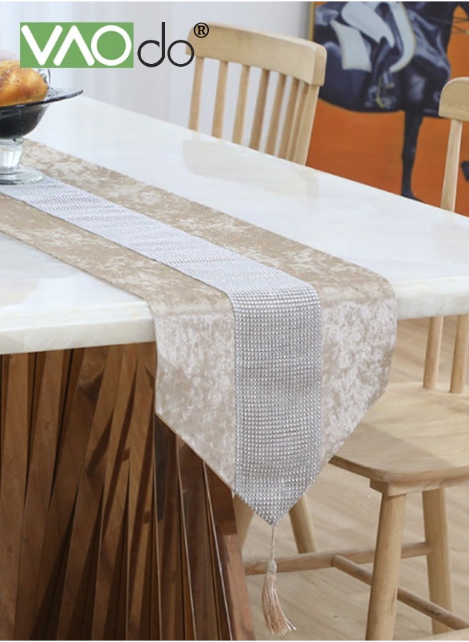 VAOdo Table Runner with Diamante Strip and Tassels Beige, Table Cloth for Wedding Bridal Shower Birthday Party Table Decor 32*210CM  - Image 4