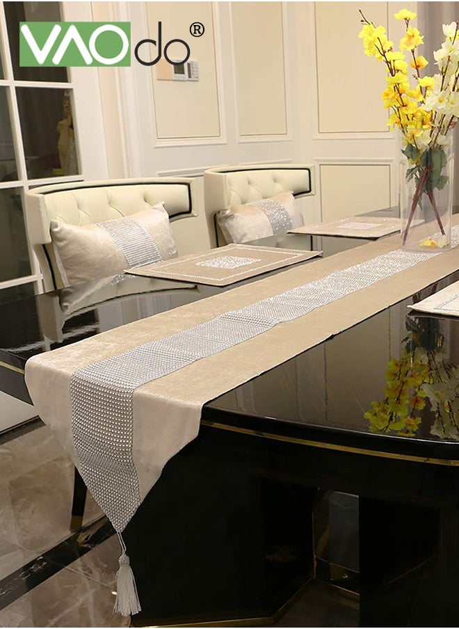VAOdo Table Runner with Diamante Strip and Tassels Beige, Table Cloth for Wedding Bridal Shower Birthday Party Table Decor 32*210CM  - Image 3