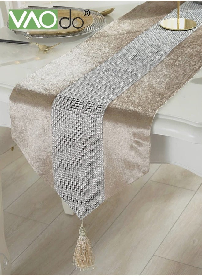 VAOdo Table Runner with Diamante Strip and Tassels Beige, Table Cloth for Wedding Bridal Shower Birthday Party Table Decor 32*210CM  - Image 5