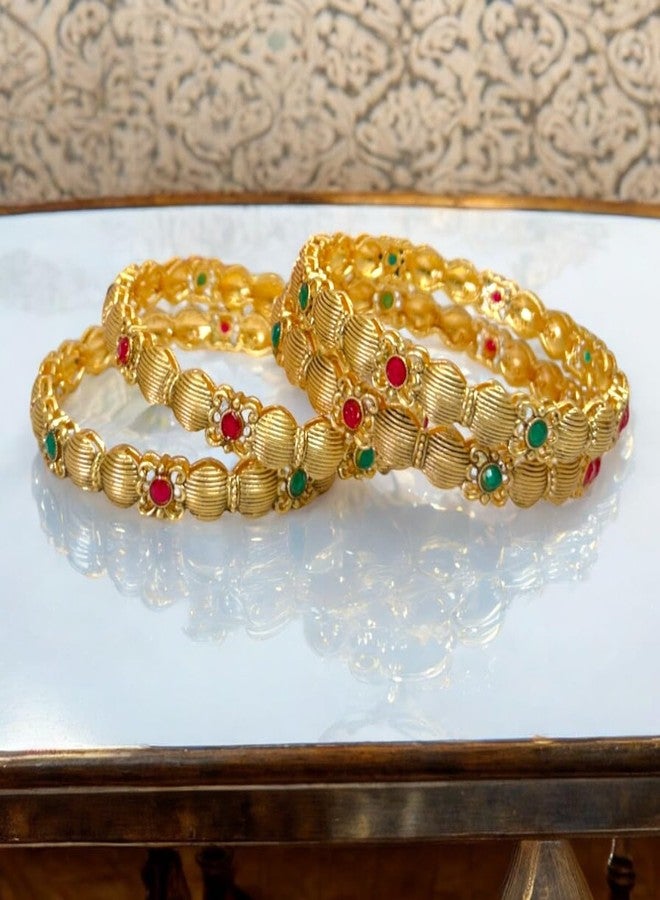 ACCESSHER Gold Plated Pink & Green Artificial Stone-Studded Bangles for women and girls (Set of 4) (2.6) - Image 4