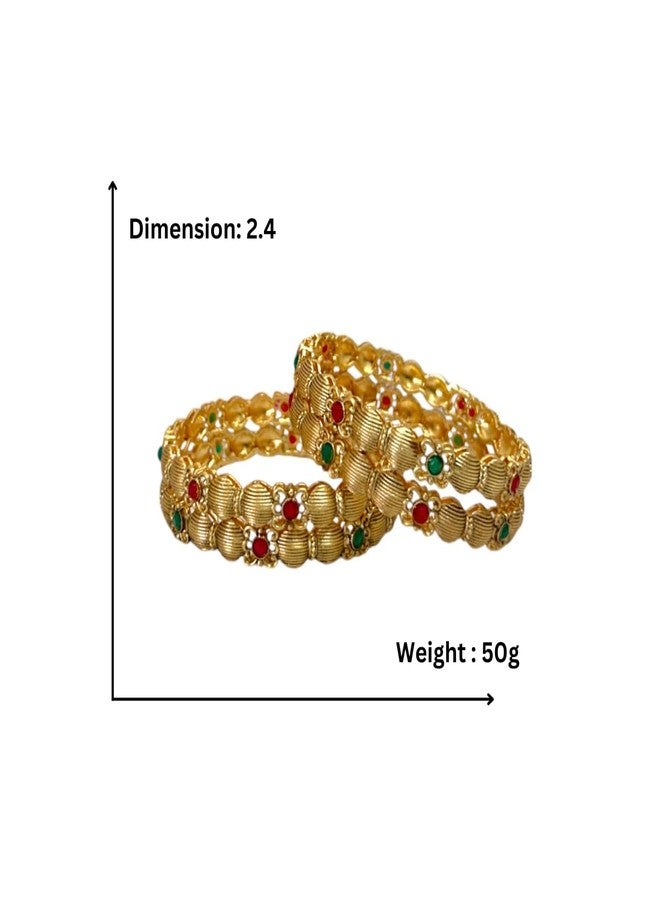 ACCESSHER Gold Plated Pink & Green Artificial Stone-Studded Bangles for women and girls (Set of 4) (2.6) - Image 5