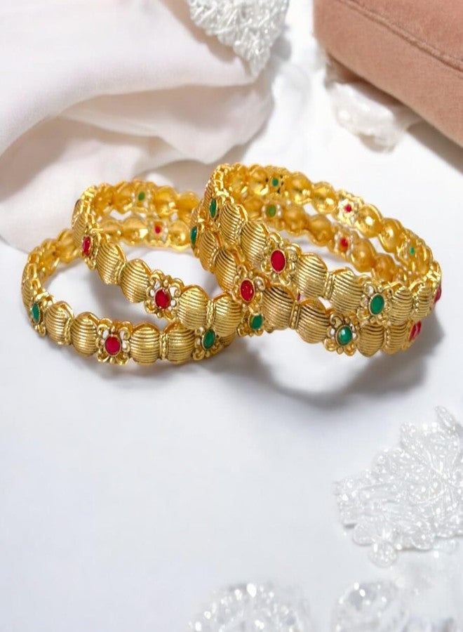 ACCESSHER Gold Plated Pink & Green Artificial Stone-Studded Bangles for women and girls (Set of 4) (2.6) - Image 3