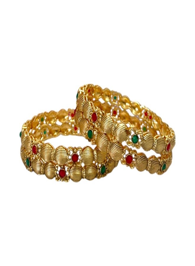 ACCESSHER Gold Plated Pink & Green Artificial Stone-Studded Bangles for women and girls (Set of 4) (2.6) - Image 1