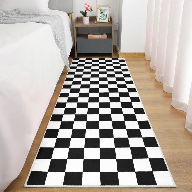 Terrug Black and White Checkered Area Rug for Kitchen,2x6 Runner Rugs Washable with Non Slip for Bedroom,Soft Low Pile Stain Resistance Retro Carpet for Entryway Hallway - Image 4