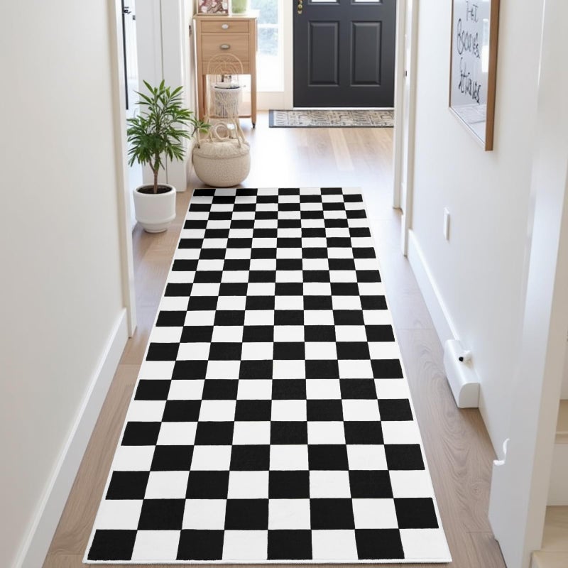 Terrug Black and White Checkered Area Rug for Kitchen,2x6 Runner Rugs Washable with Non Slip for Bedroom,Soft Low Pile Stain Resistance Retro Carpet for Entryway Hallway - Image 2