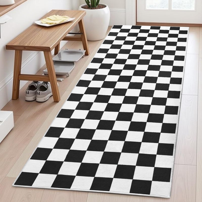 Terrug Black and White Checkered Area Rug for Kitchen,2x6 Runner Rugs Washable with Non Slip for Bedroom,Soft Low Pile Stain Resistance Retro Carpet for Entryway Hallway - Image 3