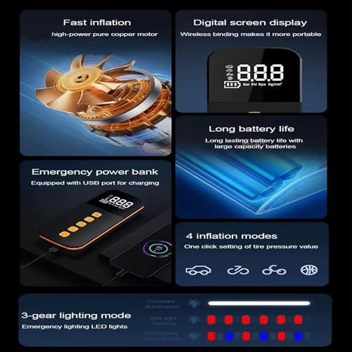 US1984 Digital Tyre Inflator | Auto Shutoff Portable Air Compressor | 4 Air Fill Modes | 3 Light Modes | Super Fast Inflation | Pressure Detection | Type-C | 3 Nozzles for Cars, Bike, cycles - Image 4