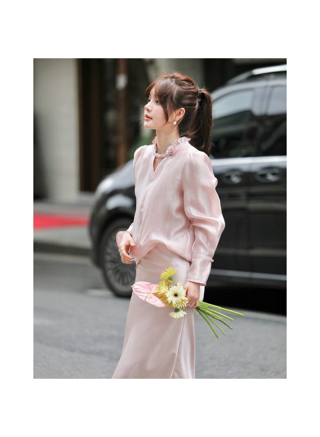 Mt Luxurious Tencel Autumn Elegant Commuter Floral Decor Stand Collar Puff Sleeve Shirt Women's Top - Image 3