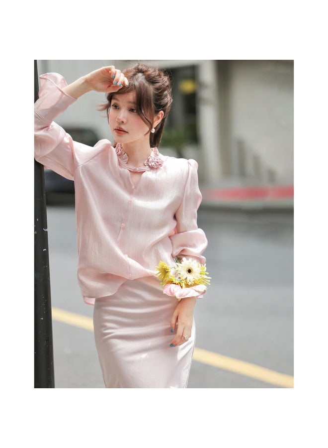 Mt Luxurious Tencel Autumn Elegant Commuter Floral Decor Stand Collar Puff Sleeve Shirt Women's Top - Image 2