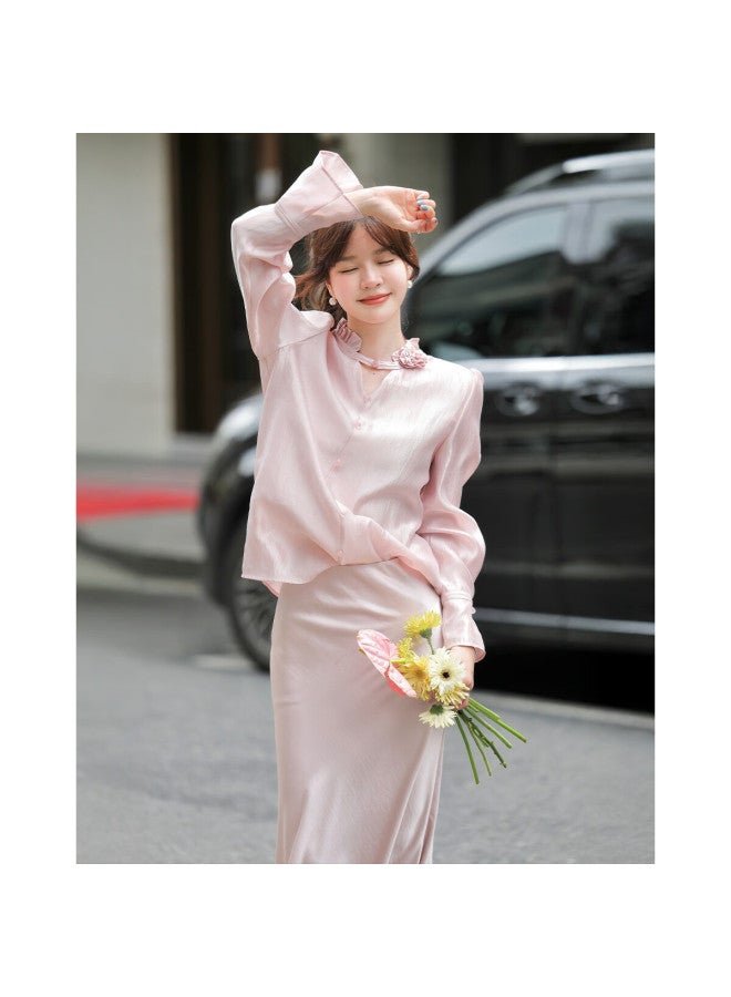 Mt Luxurious Tencel Autumn Elegant Commuter Floral Decor Stand Collar Puff Sleeve Shirt Women's Top - Image 1