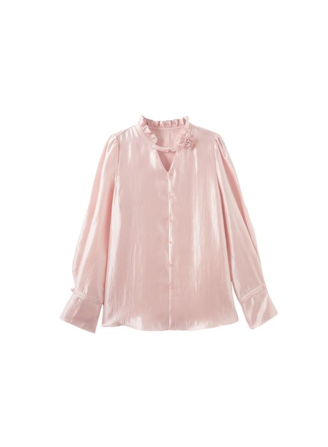 Mt Luxurious Tencel Autumn Elegant Commuter Floral Decor Stand Collar Puff Sleeve Shirt Women's Top - Image 4