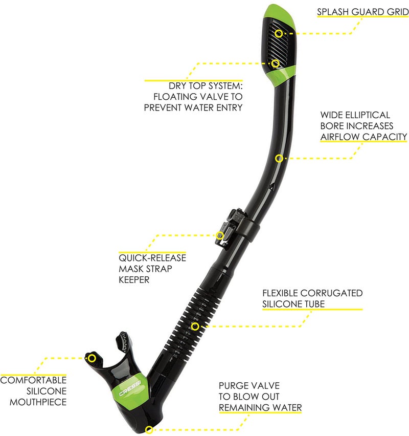 Cressi Supernova Dry Dry Snorkels, Black/Lime