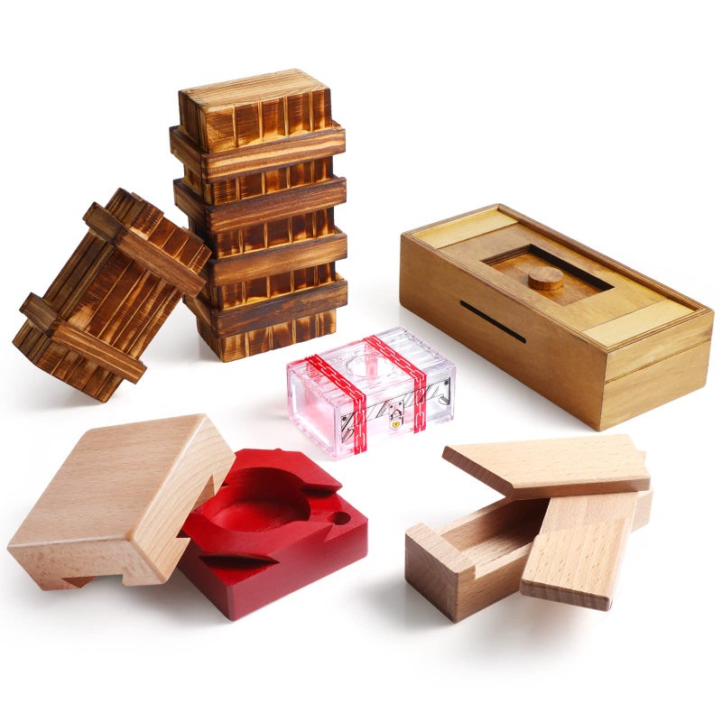 Charniol Set of 6 Puzzle Box Wooden Secret with Compartment 3D Brainteaser Lock Wood Brain Teaser Difficult Gifts Game for Adults and Teens Styles - Image 2