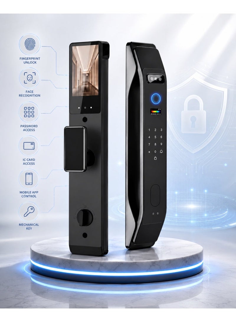 تويا قفل باب ذكي بالتعرف على الوجه مع بصمة الإصبع، تطبيق Tuya، كلمة مرور، بطاقة IC، WiFi 2.4GHz، أسود - Image 1