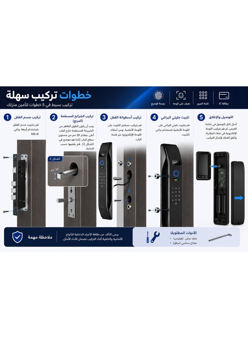 تويا قفل باب ذكي بالتعرف على الوجه مع بصمة الإصبع، تطبيق Tuya، كلمة مرور، بطاقة IC، WiFi 2.4GHz، أسود - Image 5