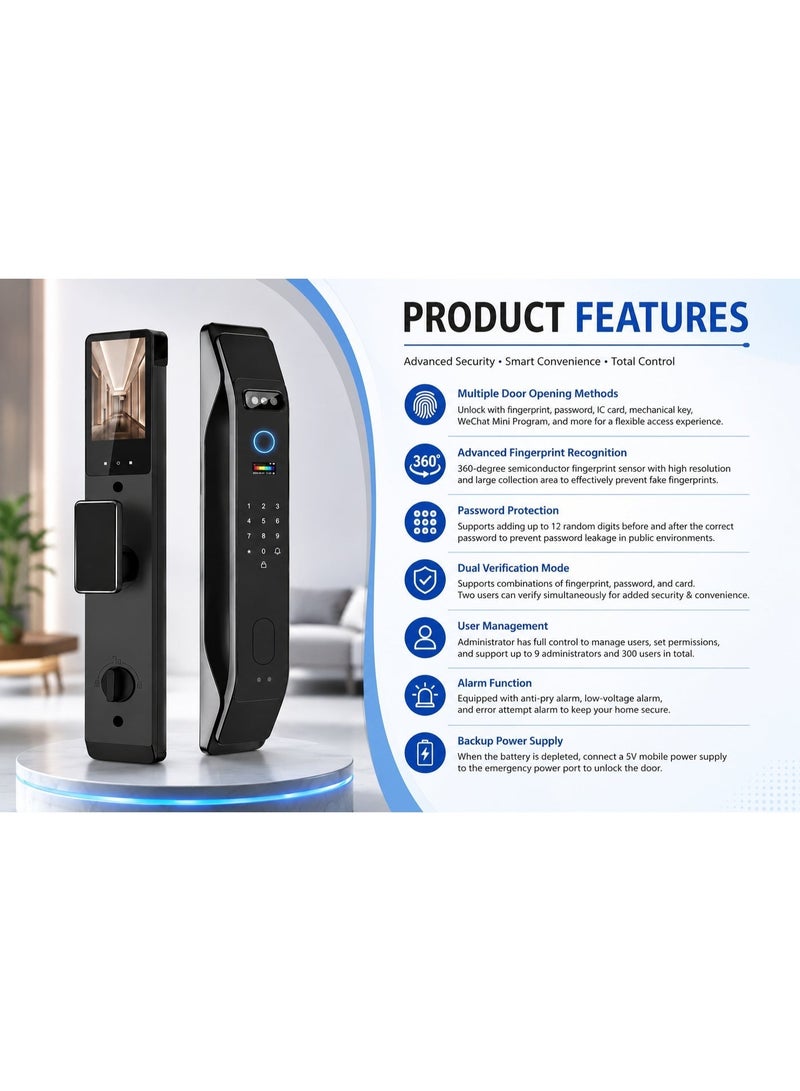 TUYA Smart Door Lock with Face Recognition Fingerprint, Tuya App Remote Control, IC Card, Password, WiFi 2.4GHz, Black - Image 5