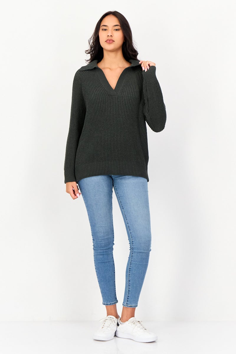 Aerie Women Spread Collar Crochet Sweater, Dark Green - Image 3