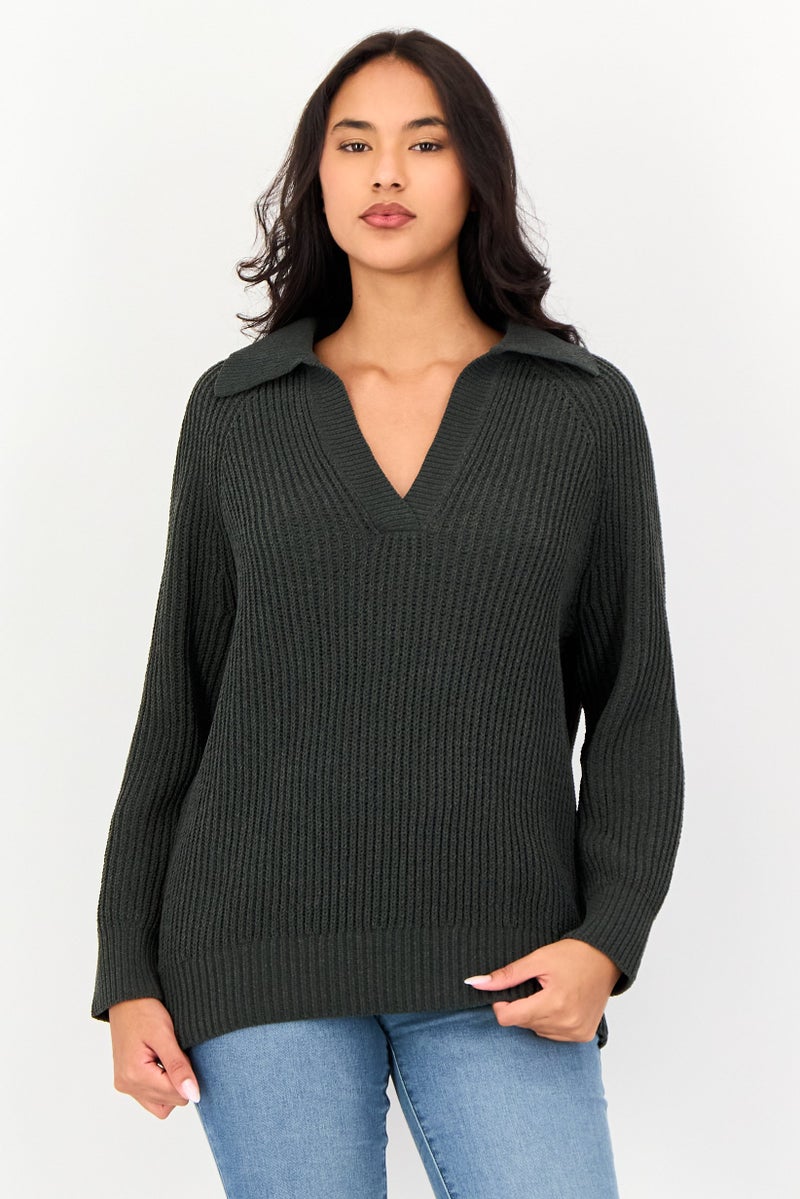 Aerie Women Spread Collar Crochet Sweater, Dark Green - Image 1