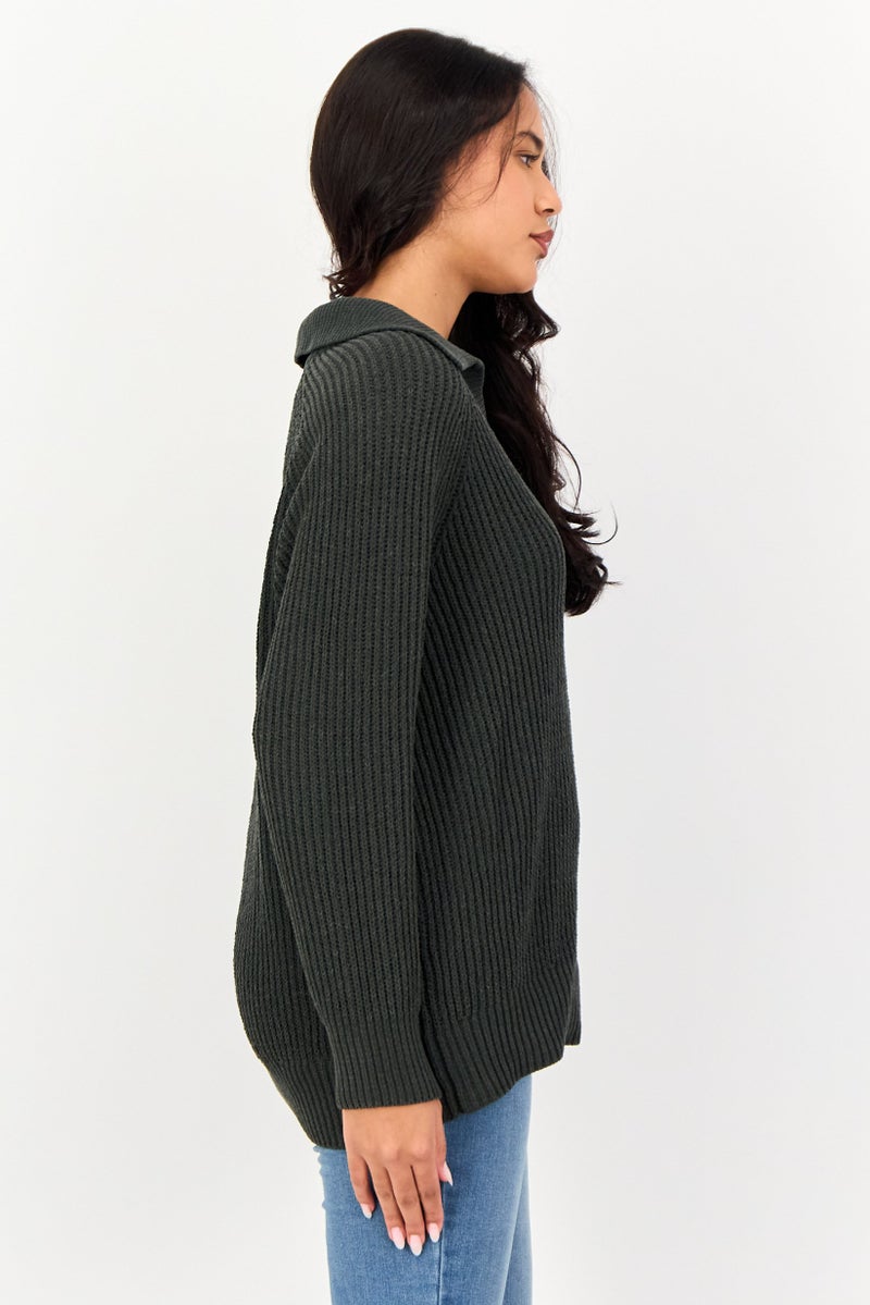 Aerie Women Spread Collar Crochet Sweater, Dark Green - Image 4