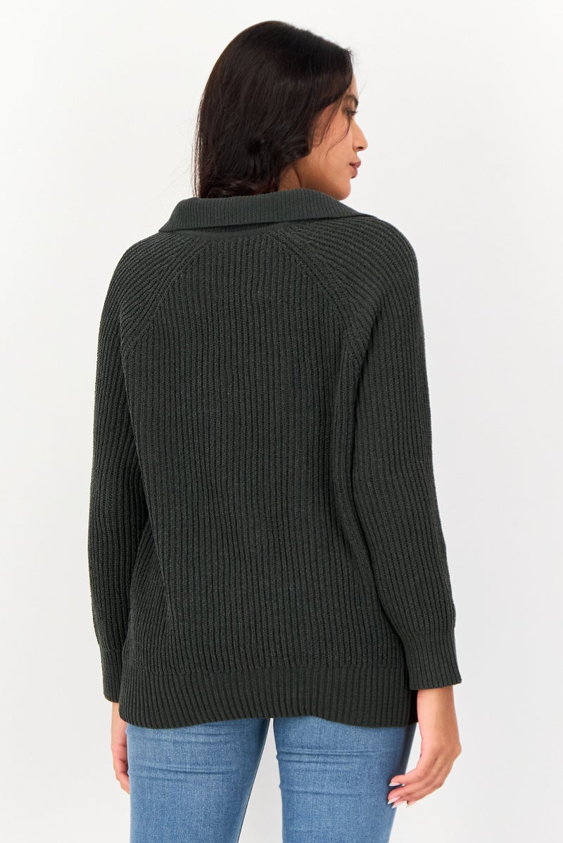 Aerie Women Spread Collar Crochet Sweater, Dark Green - Image 2