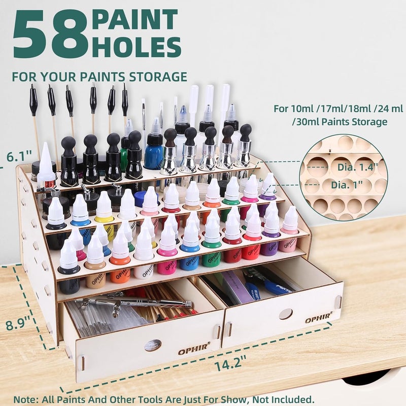 OPHIR Wooden Paint holder Organizer with 2 Cabinet Drawers, Acrylic Paint Storage Rack for 58 Bottles of Paints, Suitable for Model Miniature Paints - Image 2