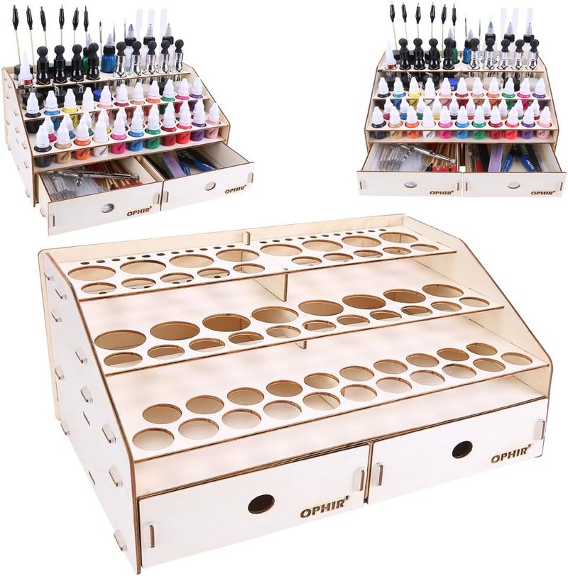 OPHIR Wooden Paint holder Organizer with 2 Cabinet Drawers, Acrylic Paint Storage Rack for 58 Bottles of Paints, Suitable for Model Miniature Paints - Image 1