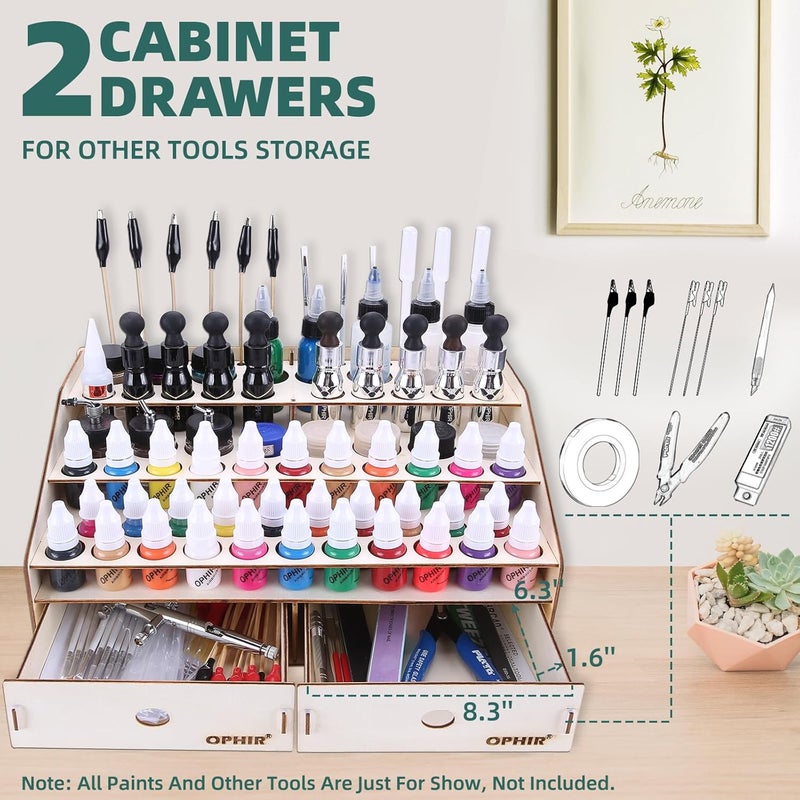 OPHIR Wooden Paint holder Organizer with 2 Cabinet Drawers, Acrylic Paint Storage Rack for 58 Bottles of Paints, Suitable for Model Miniature Paints - Image 4