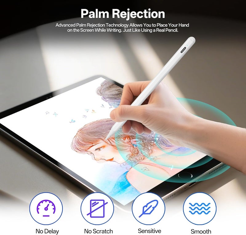 iafer Pencil for i-Pad 2018-2026, Fast Charge Tilt Sensitivity Palm Rejection Stylus Pen for i-Pad A16 11/10/9/8/7/6th Gen, Pro 11/12.9/13 M4, Air 3/4/5/M2/M3, Mini 5/6/7/A17 Pro (White) - Image 5