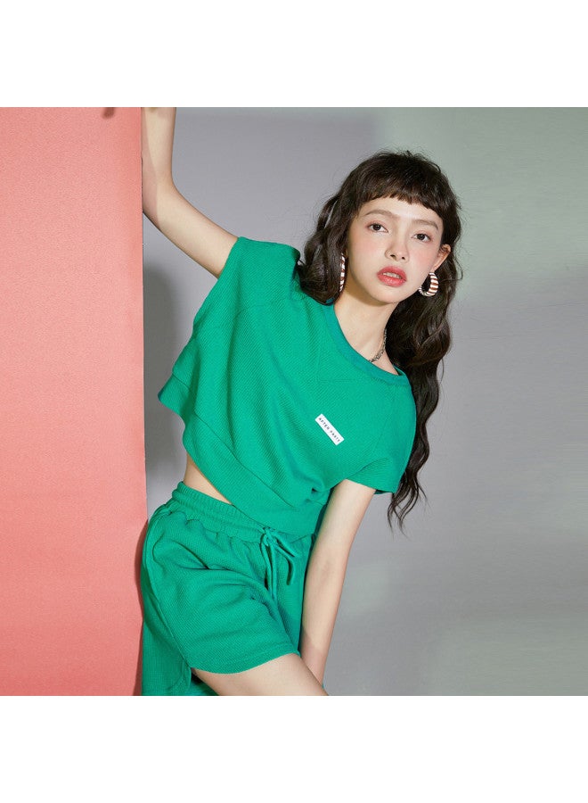 EPTISON Solid Color Casual Two-piece Set Women's Summer Waffle Knit Texture Crop Sleeveless Top And Shorts Outfit - Image 4