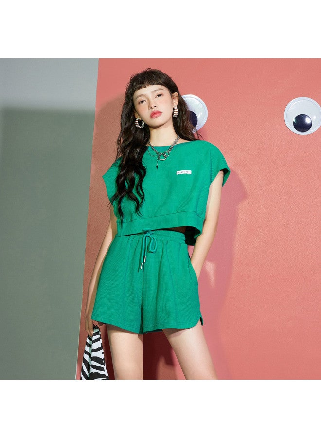 EPTISON Solid Color Casual Two-piece Set Women's Summer Waffle Knit Texture Crop Sleeveless Top And Shorts Outfit - Image 3