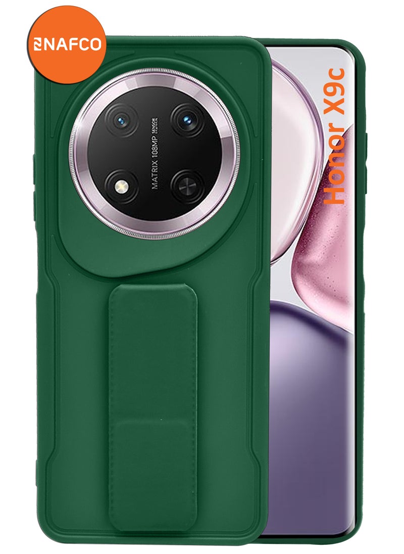 NAFCO For Honor X9c - Hard Silicone Magnetic Back Stand Case  With Foldable Kickstand & Finger Strap  - Green  - Image 1