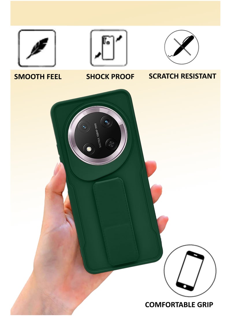 NAFCO For Honor X9c - Hard Silicone Magnetic Back Stand Case  With Foldable Kickstand & Finger Strap  - Green  - Image 3