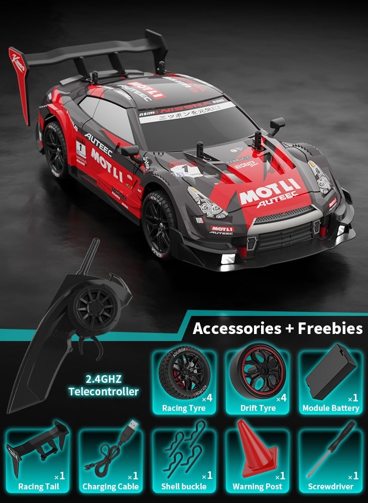 سيارة درفت راديو كنترول 1:14 مع دفع رباعي 4WD، بتردد 2.4GHz، سرعة عالية تصل إلى 40 كم/س، سيارة رياضية للسباقات مع أضواء LED وعجلات للسباق والدرفت - Image 1