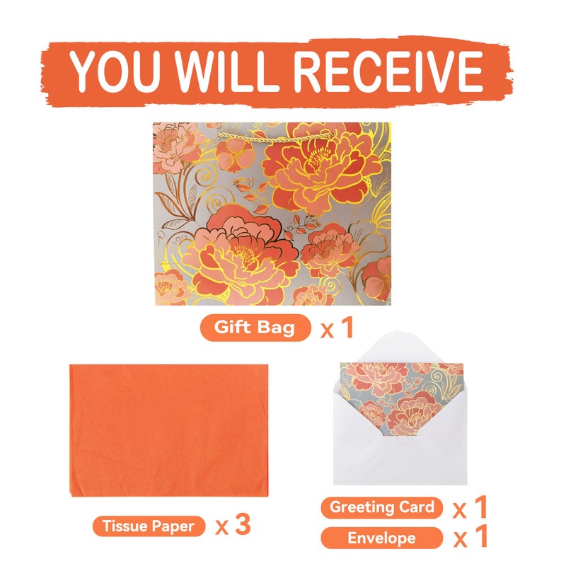 wishinside 13" Large Rose Gold Gift Bag Set with Greeting Card and Orange Tissue Paper for celebrating birthdays,Mother's Day,Christmas,weddings,anniversaries,and more-13"x10.1"x5.2",1 Pcs. - Image 3