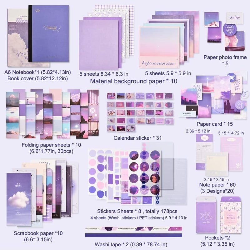 GLADBACK (346Pcs) Paper Junk Journal & Scrapbook Kit with Creative Decor Journaling Supplies, Stationery, Stickers, A6 Grid Notebook with Graph Ruled Page Gift for Girl (purple Scrapbook) - Image 5