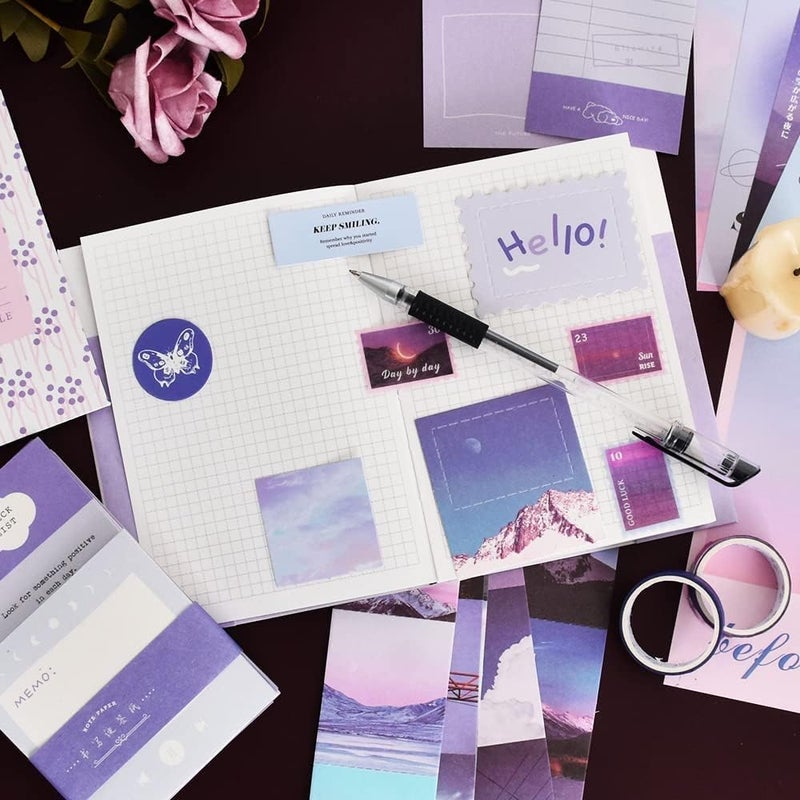 GLADBACK (346Pcs) Paper Junk Journal & Scrapbook Kit with Creative Decor Journaling Supplies, Stationery, Stickers, A6 Grid Notebook with Graph Ruled Page Gift for Girl (purple Scrapbook) - Image 2