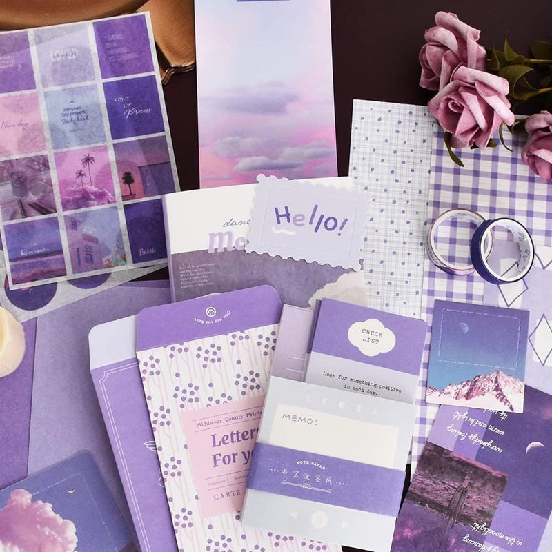 GLADBACK (346Pcs) Paper Junk Journal & Scrapbook Kit with Creative Decor Journaling Supplies, Stationery, Stickers, A6 Grid Notebook with Graph Ruled Page Gift for Girl (purple Scrapbook) - Image 3