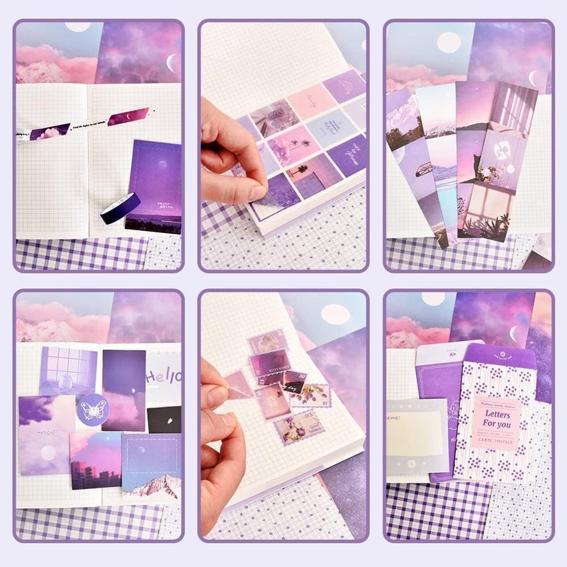 GLADBACK (346Pcs) Paper Junk Journal & Scrapbook Kit with Creative Decor Journaling Supplies, Stationery, Stickers, A6 Grid Notebook with Graph Ruled Page Gift for Girl (purple Scrapbook) - Image 4