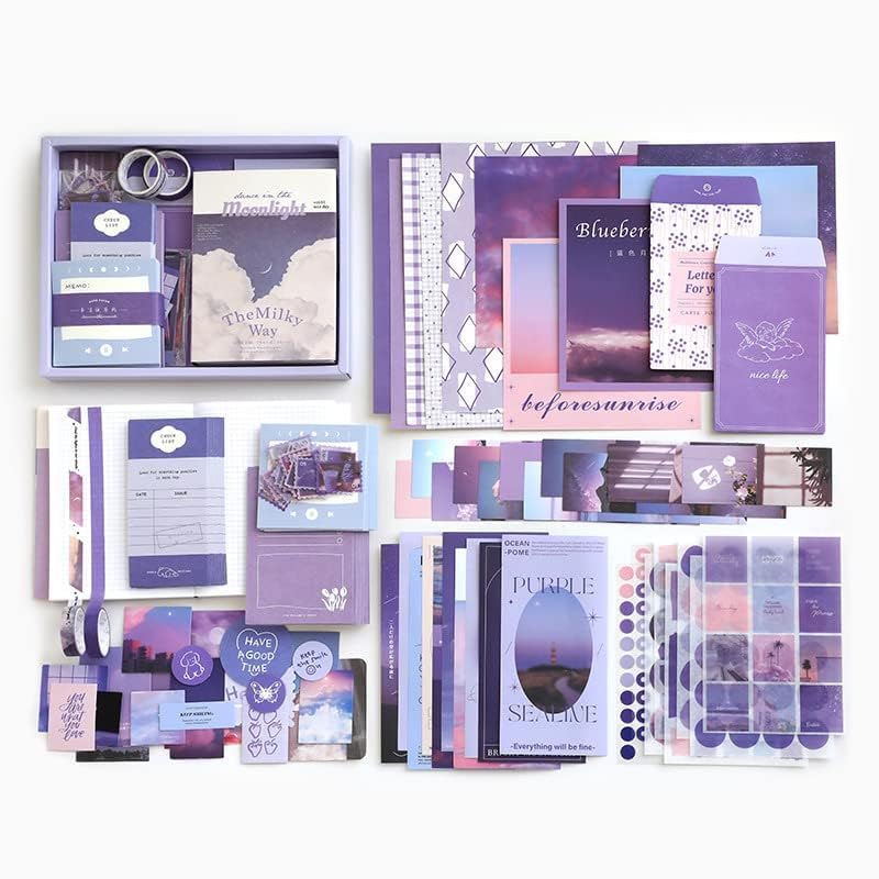 GLADBACK (346Pcs) Paper Junk Journal & Scrapbook Kit with Creative Decor Journaling Supplies, Stationery, Stickers, A6 Grid Notebook with Graph Ruled Page Gift for Girl (purple Scrapbook) - Image 1