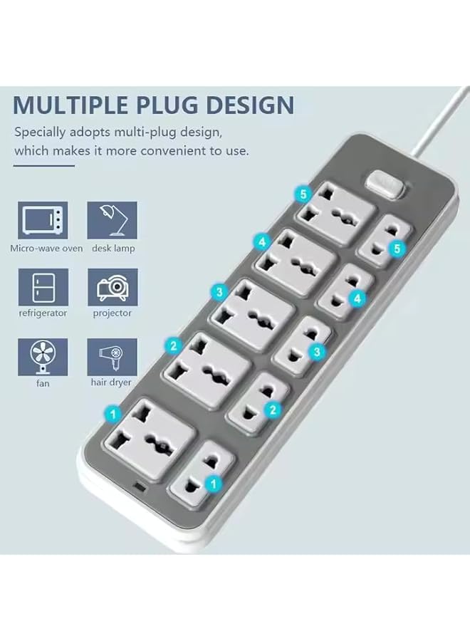 UNICASA™ Universal 10-Outlet Power Strip, 5 UK 3-Pin Sockets & 5 Multi-Standard Outlets, 5M Durable Extension Cord & Extension Lead with Independent Switch Control – Ideal for Home, Office and Travel - Image 4