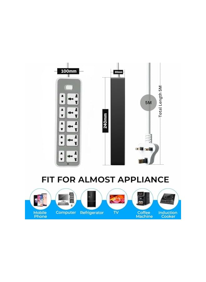 UNICASA™ Universal 10-Outlet Power Strip, 5 UK 3-Pin Sockets & 5 Multi-Standard Outlets, 5M Durable Extension Cord & Extension Lead with Independent Switch Control – Ideal for Home, Office and Travel - Image 3